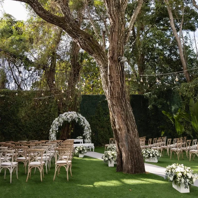 Jardín con un árbol grande, un arco de flores blancas y sillas de madera para una ceremonia